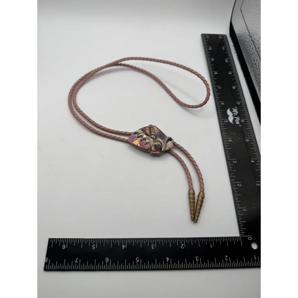 Vintage Artisan Ceramic‎ Bolo Tie Iridescent Purple Gold Abstract Pottery Pink
